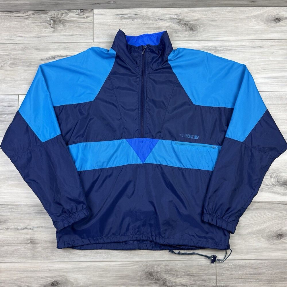Vintage Nike Windbreaker Jacket Mens Medium M Blue 1/2‎ Zip Logo Swoosh 80s